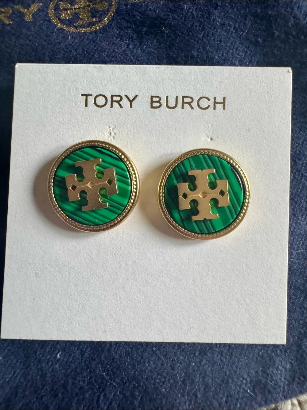 Tory Burch Green Enamel Logo Stud Earrings